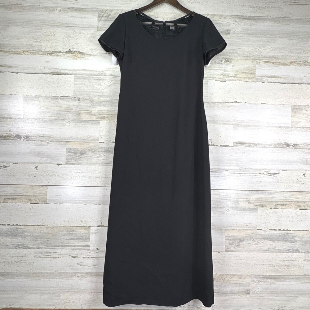 Liz Claiborne Black Beaded Scoop Neck Maxi Dress Short Sleeve Gown Womens Size 8